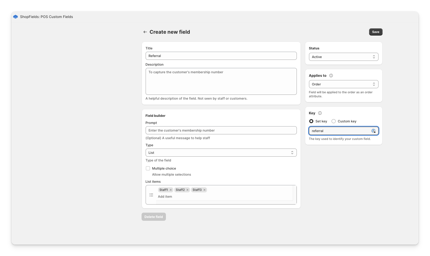 screenshot of custom fields shopify app with list configured