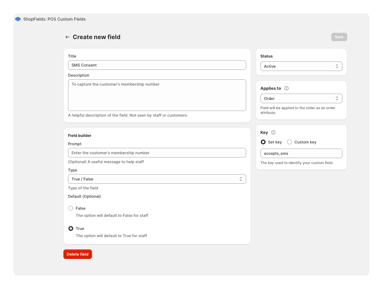 create shopField custom field for sms marketing consent with Shopify POS