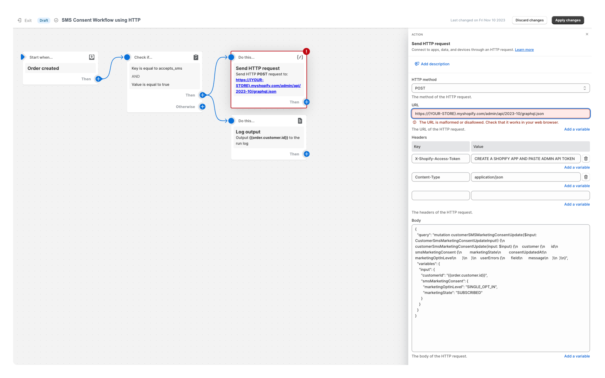 Shopify Flow HTTP request to update SMS marketing condition