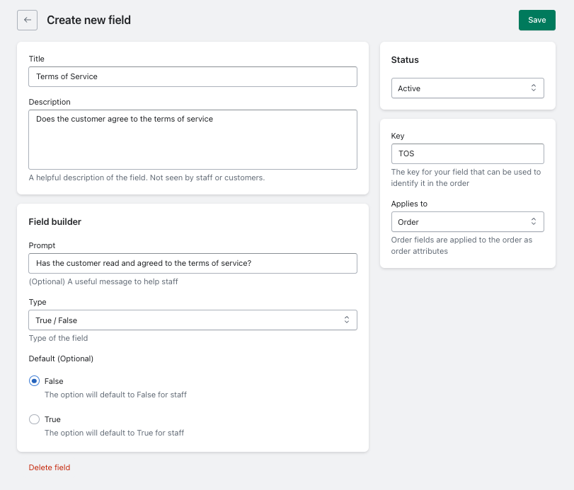 screenshot of pos custom fields showing how to track terms of service