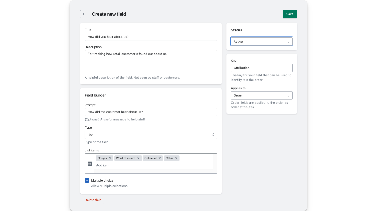 adding our instore attribution options to the pos custom fields app in the shopify admin