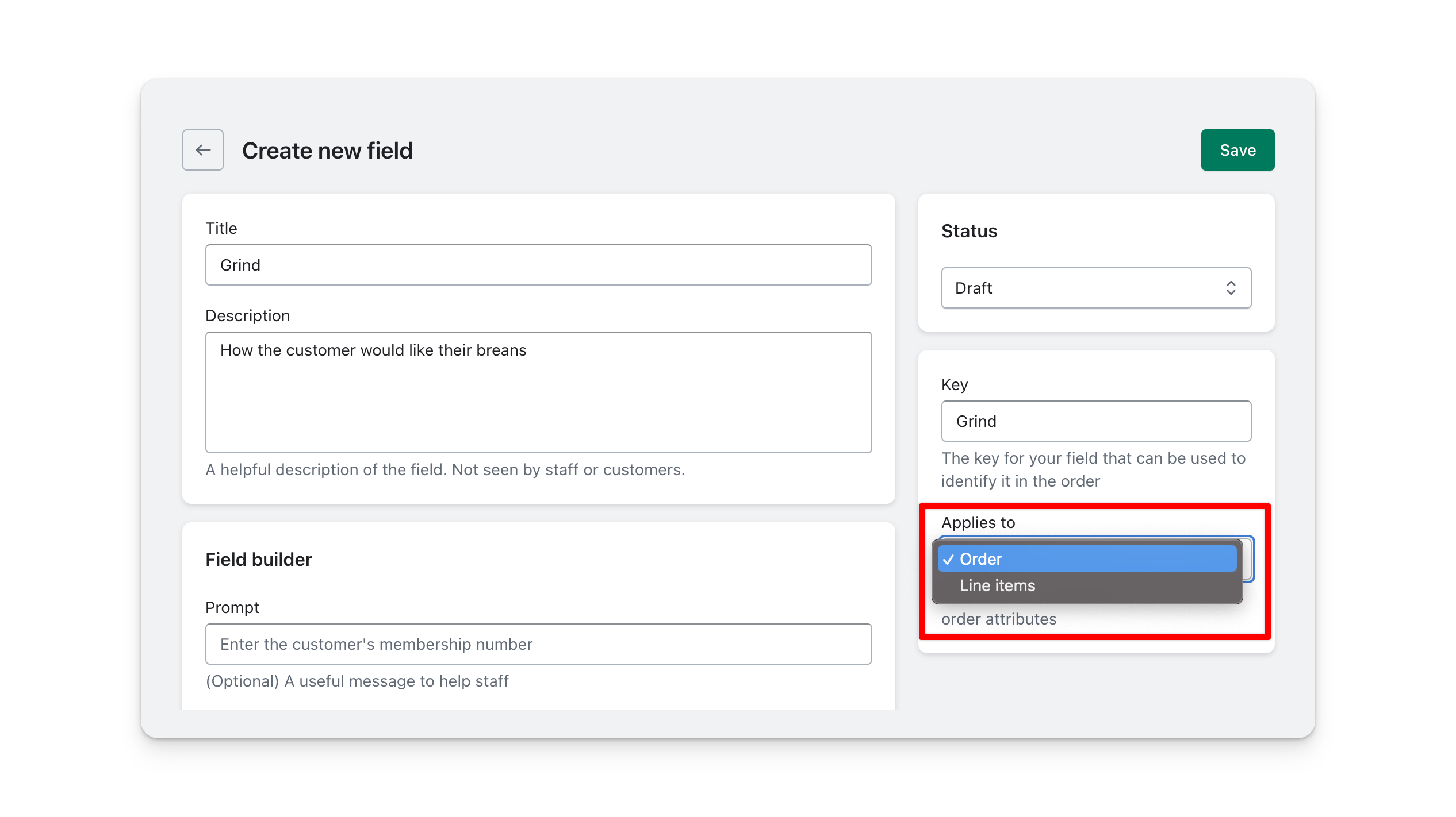 field builder showing the line item or order select