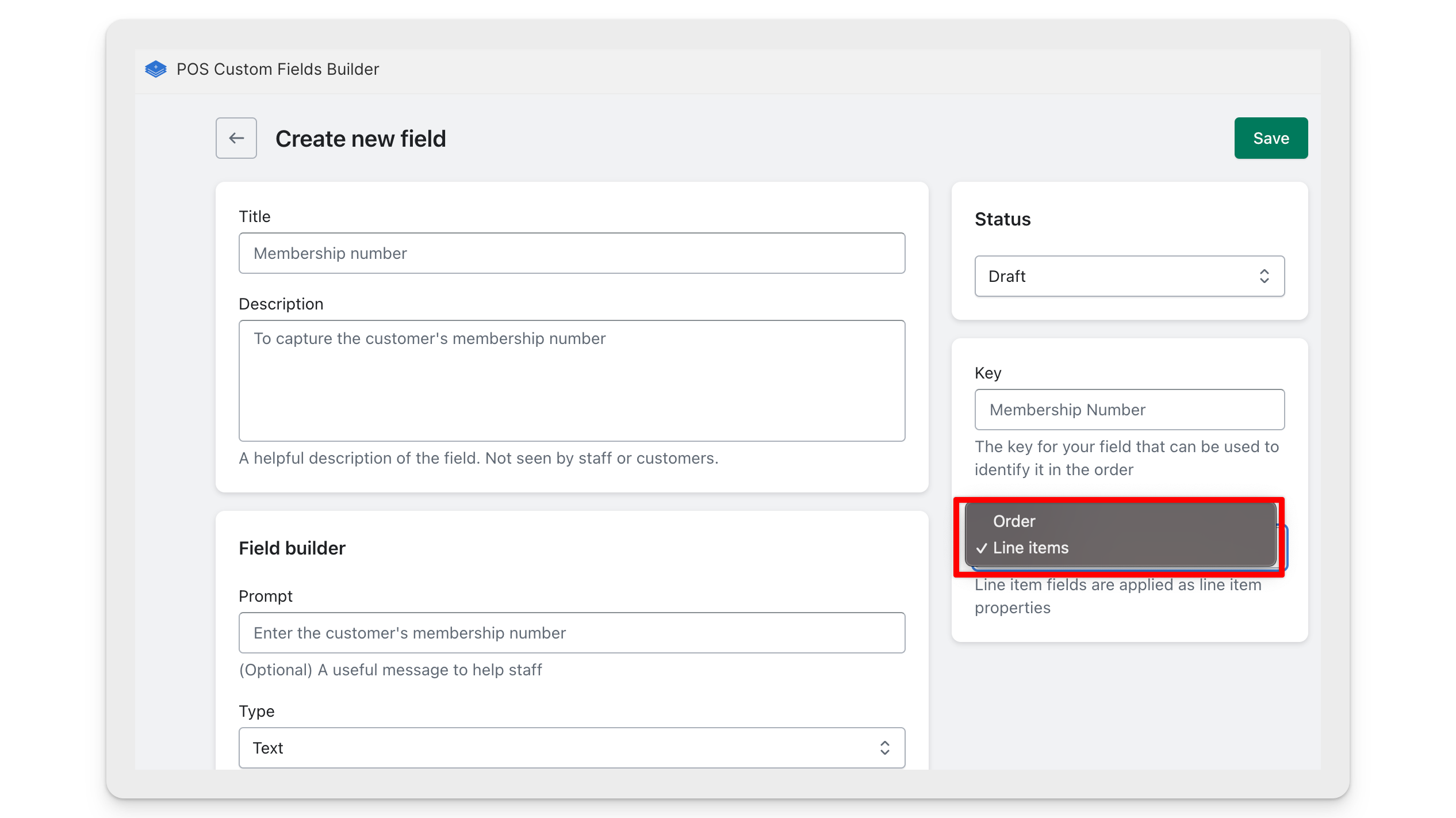 field builder showing the line item or order select