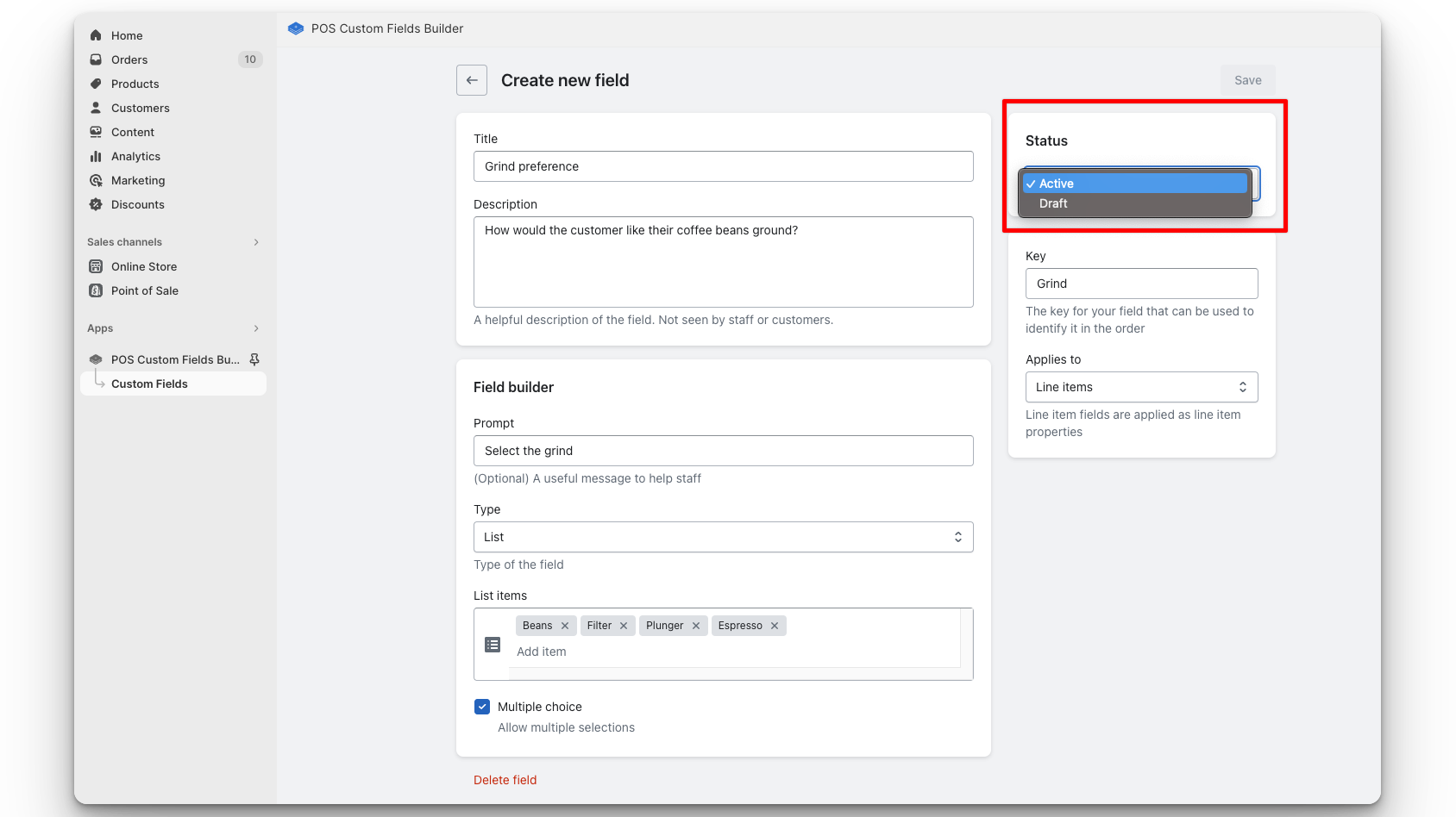 ShopFields Status selector in dashboard