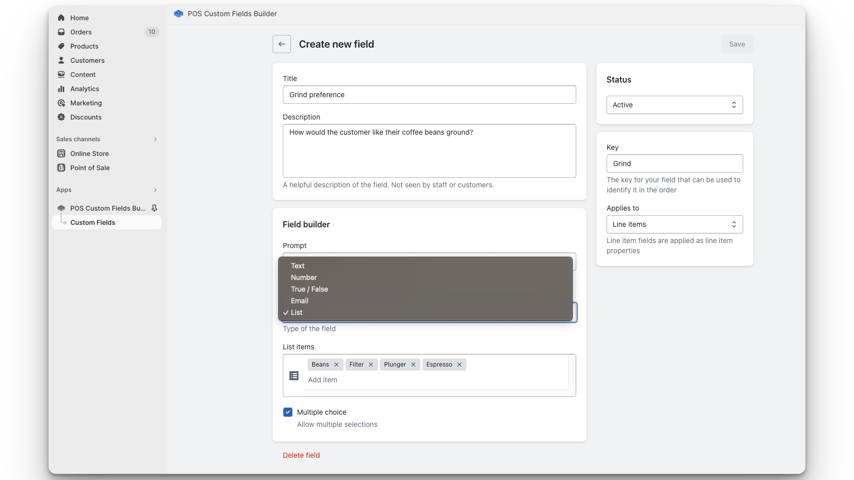 custom field input type selector