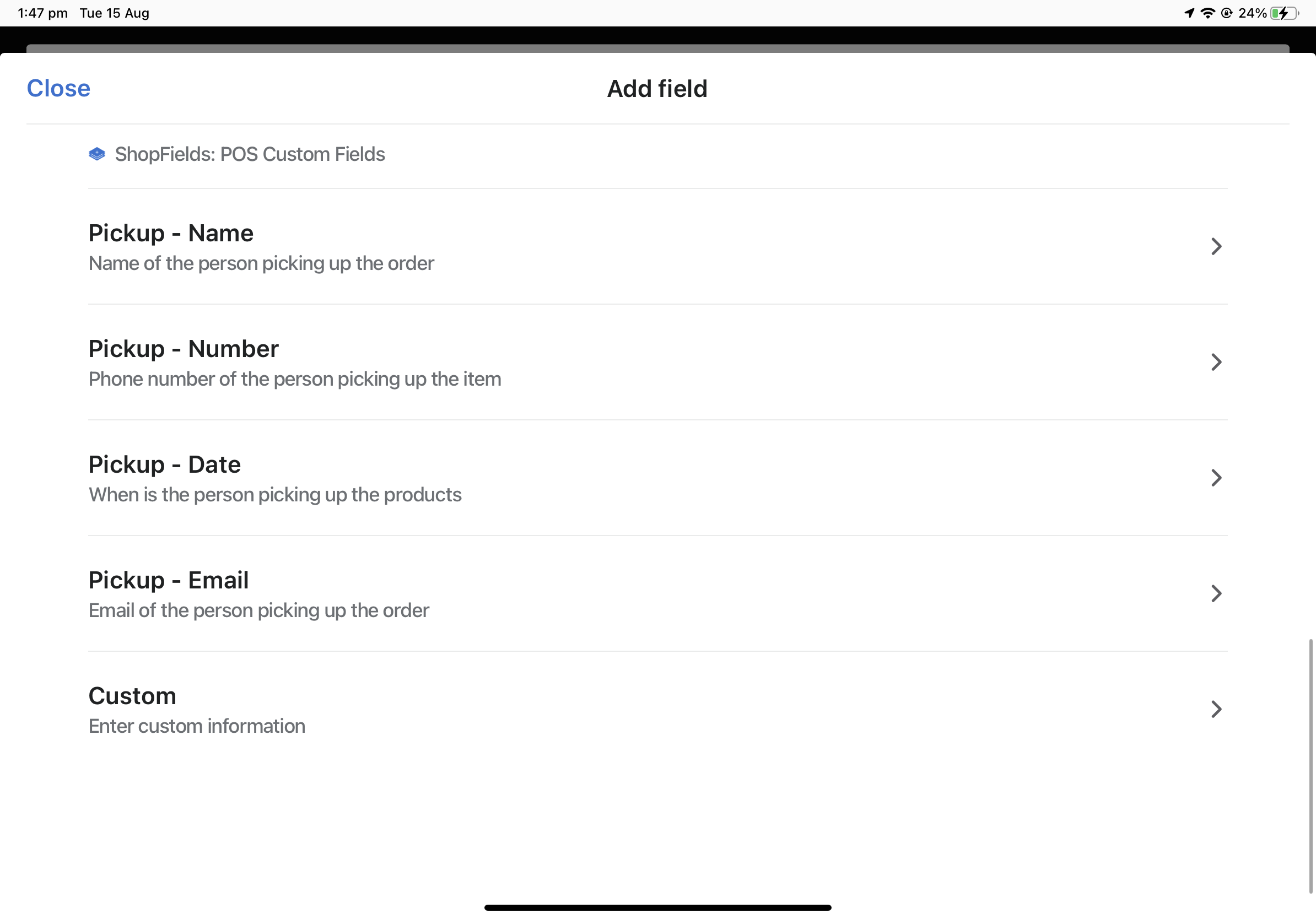 applying the custom field for store pick to the pos order in shopify