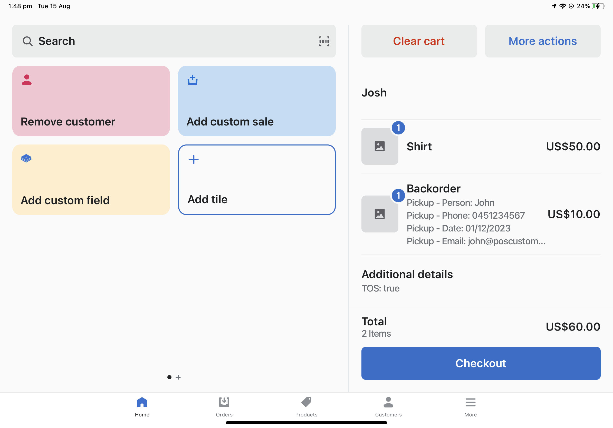 showing the custom instore pickup information applied to products in Shopify POS